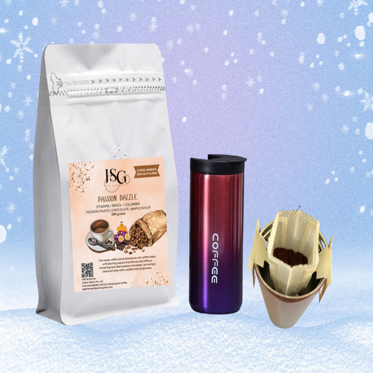 Passion Dazzle specialty coffee with insulated travel mug and drip coffee filter