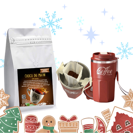 Choco Du Matin specialty coffee package, and red coffee insulated mug